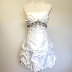 David's Bridal short strapless white gown rushed bubble skirt bejeweled belt
